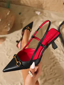 Chic Pointed-Toe Leather Slingback Kitten Heels with Metal Bit Detail, Stylish Fashion Women Footwear, Perfect for Brunch Dates, Office Looks, Casual Outings and Daily Elegant Style