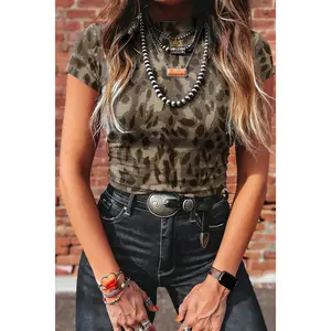 Brown Retro Leopard Print Mock Neck Slim Tee