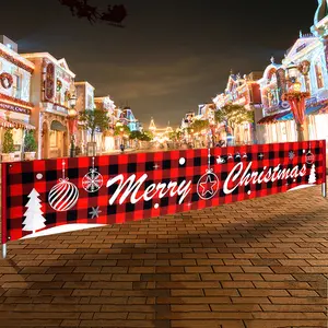 Merry Christmas Banner and House Flag, Large Holiday Party Hanging Decorations with Plaid Letter, Xmas Porch Sign for Indoor Outdoor Decor