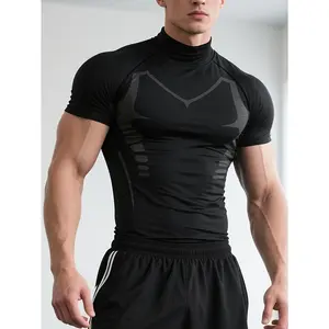 Men'S Print-Neck Short-Sleeve Top, Fitted Design, Featuring Patterns, Suitable, Running, Fitness, Cycling, Made from Quick-Drying, Breathable, And Stretchy