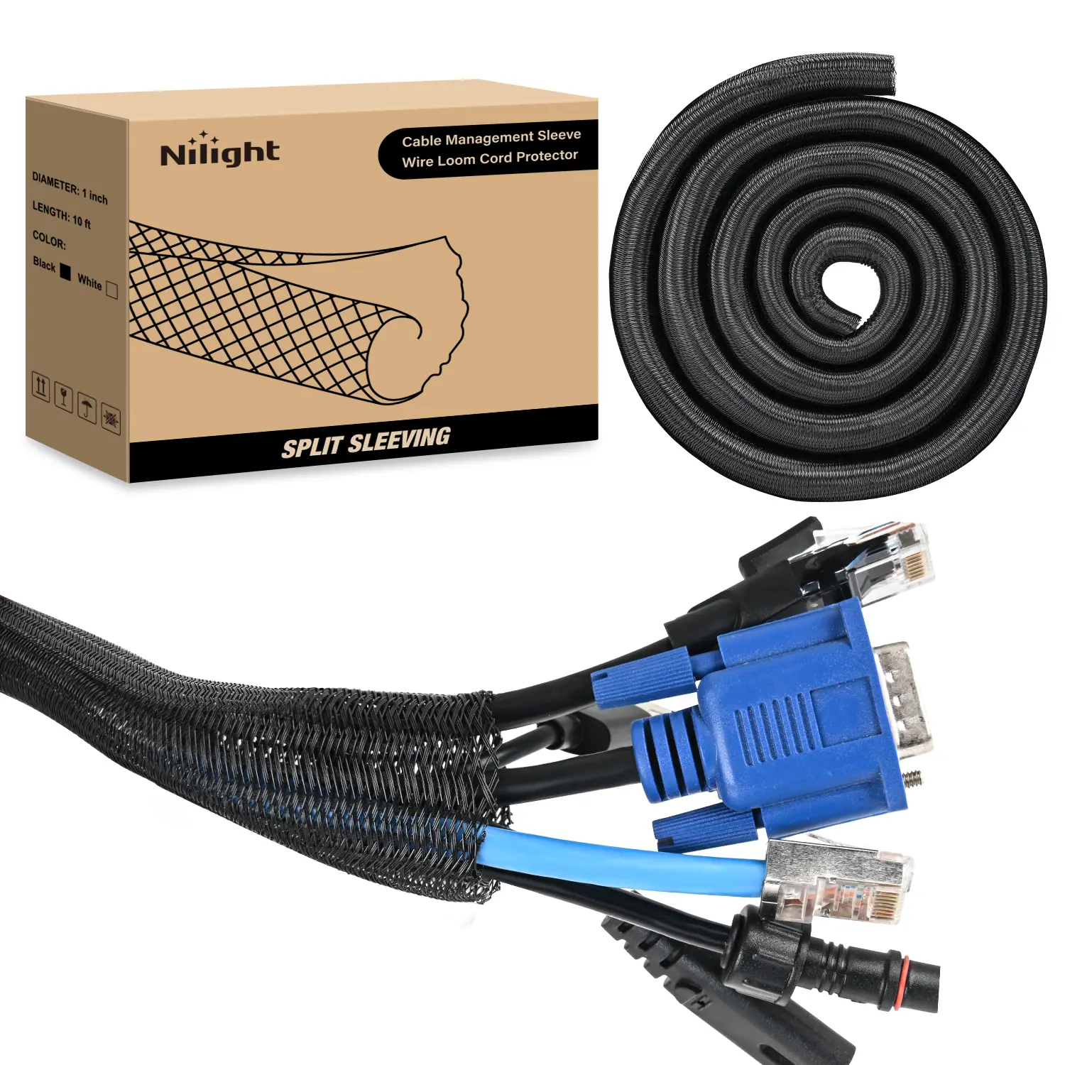 Nilight 1 pc Flexible Polyester 25ft-1/2 inch Self-Wrap Dust & Abrasion Guard Braided Cable Sleeve, Easy to Install Expandable Self-Closing Split Wire Loom for Automotive Wire Protection & Management