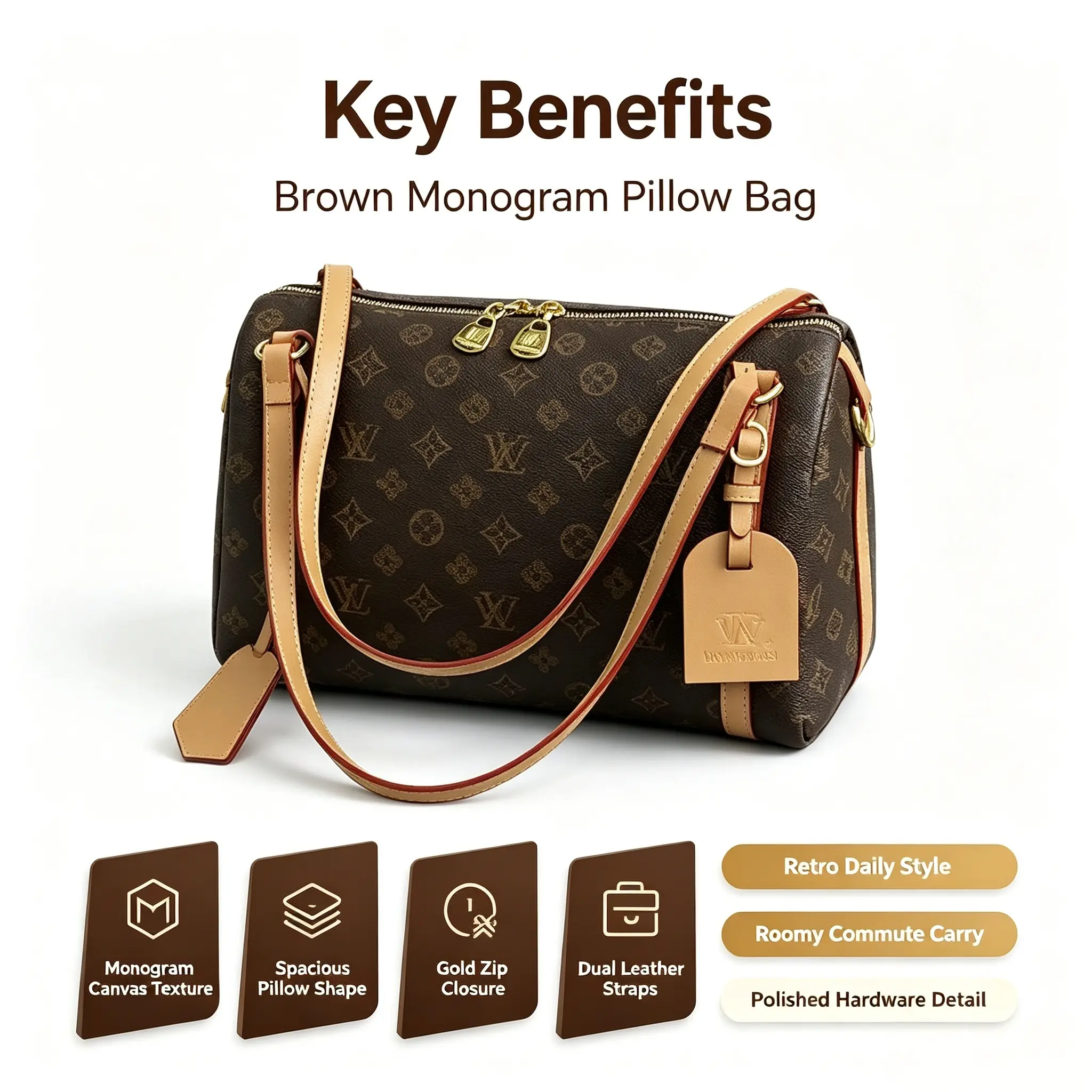 2026 New Light Luxury Textured Vintage Print Women's Monogram Bowling Pillow Bag - Crossbody Shoulder Handbag, Ideal for Graduation, Birthday Gifts