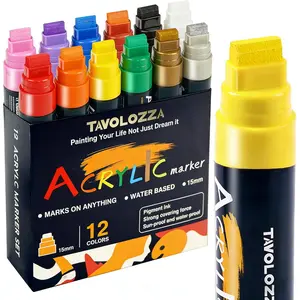 12 Colors Graffiti Markers Include Gold Silver, 15MM Felt Tip Acrylic Paint Marker, Thick Marker for Posters Board, Fabric, Canvas, Window, Wood, Teachers, Banner, Glass