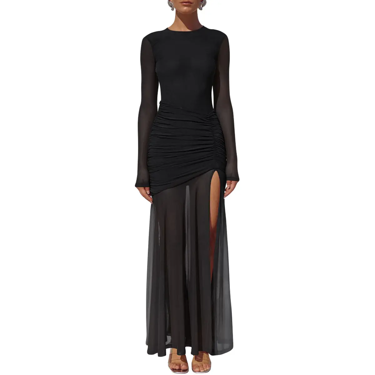 Aprilake Women's Elegant Mesh Long Sleeve Bodycon Ruched High Split Flowy Long Maxi Dress