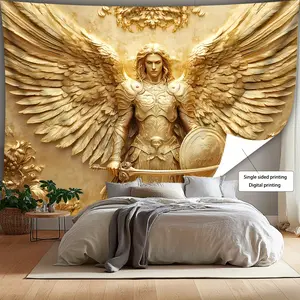 [ 2D Flat Printing] 1pc Glam Style Angelic Archangel Michael Wall Tapestry, Golden Polyester Decor for Living Room, Home Bedroom Decor, General Fit, No Electricity or Feathers Required