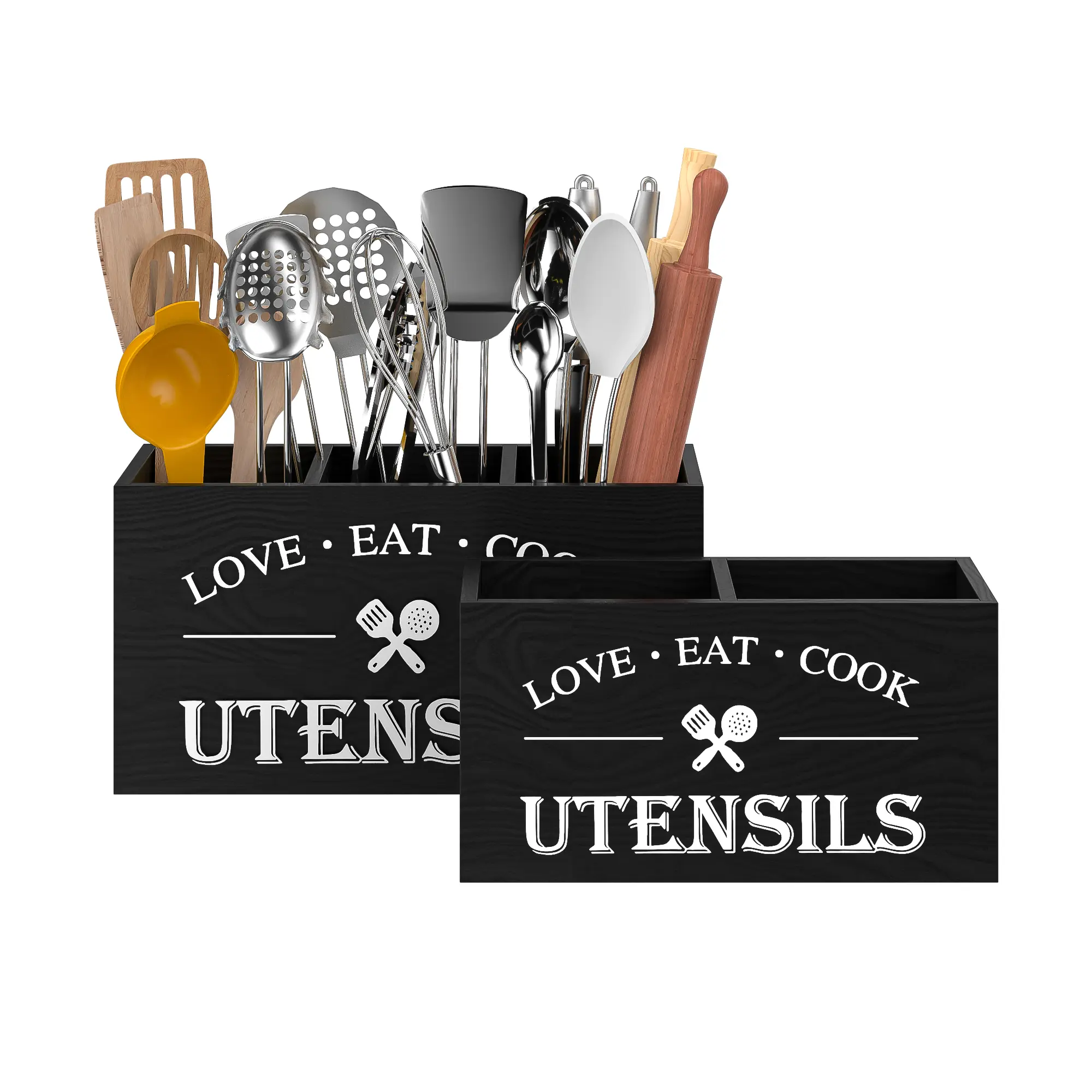 Kitchen Utensil Holder with 3 Compartments, Wooden Utensil Organizer for Kitchen Countertop,Rustic Wooden Storage Organizer Box Vintage Cutlery Farmhouse Flatware Utensil Caddy Countertop for Silverware Fork Spoon Spatula