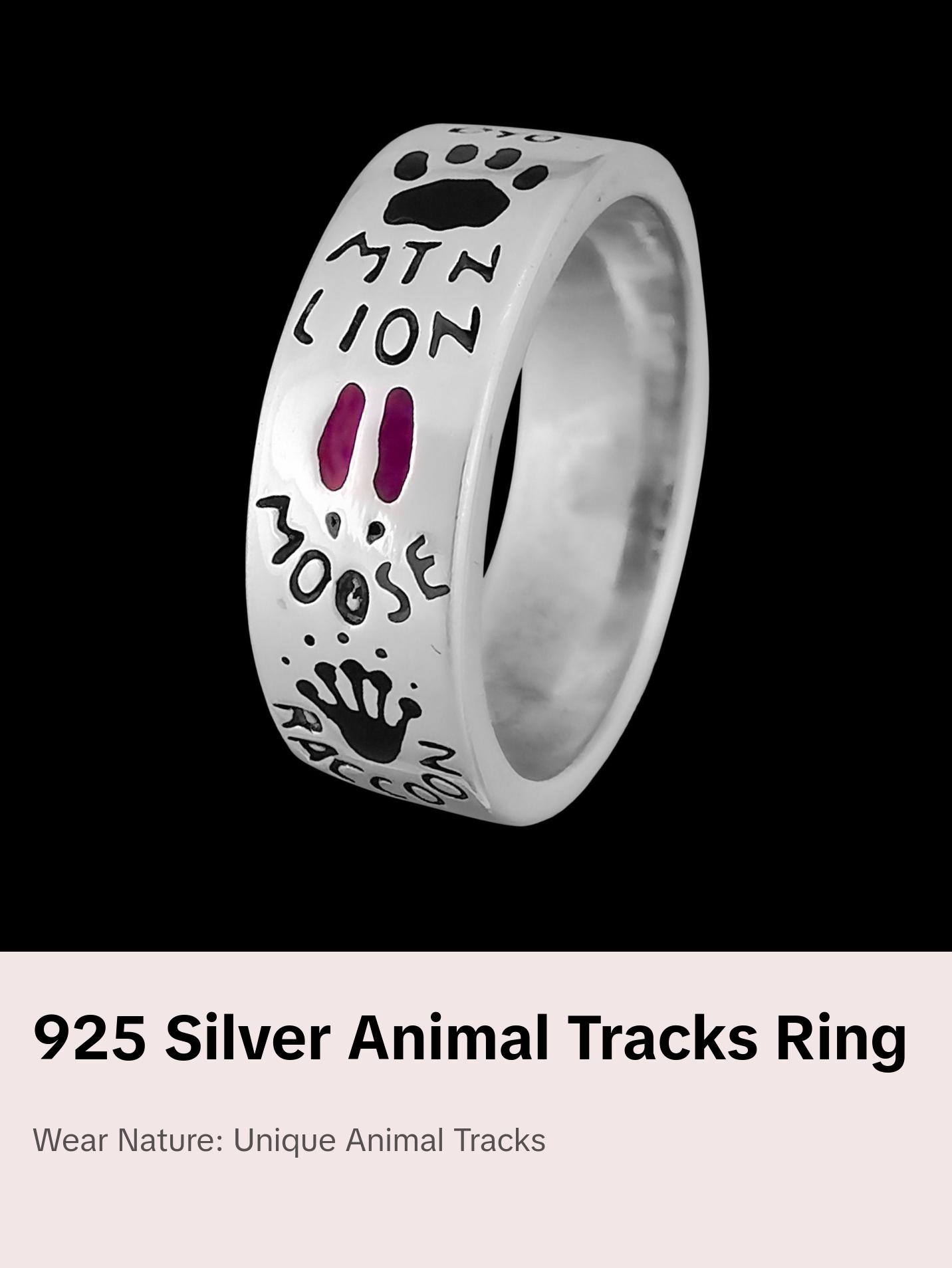 925 Silver Band Ring - Size 5 - Outdoor Enthusiast - Animal Tracks - Raccoon, Mustang, Moose, Lion, Coyote, Beaver, Wolf, Bear