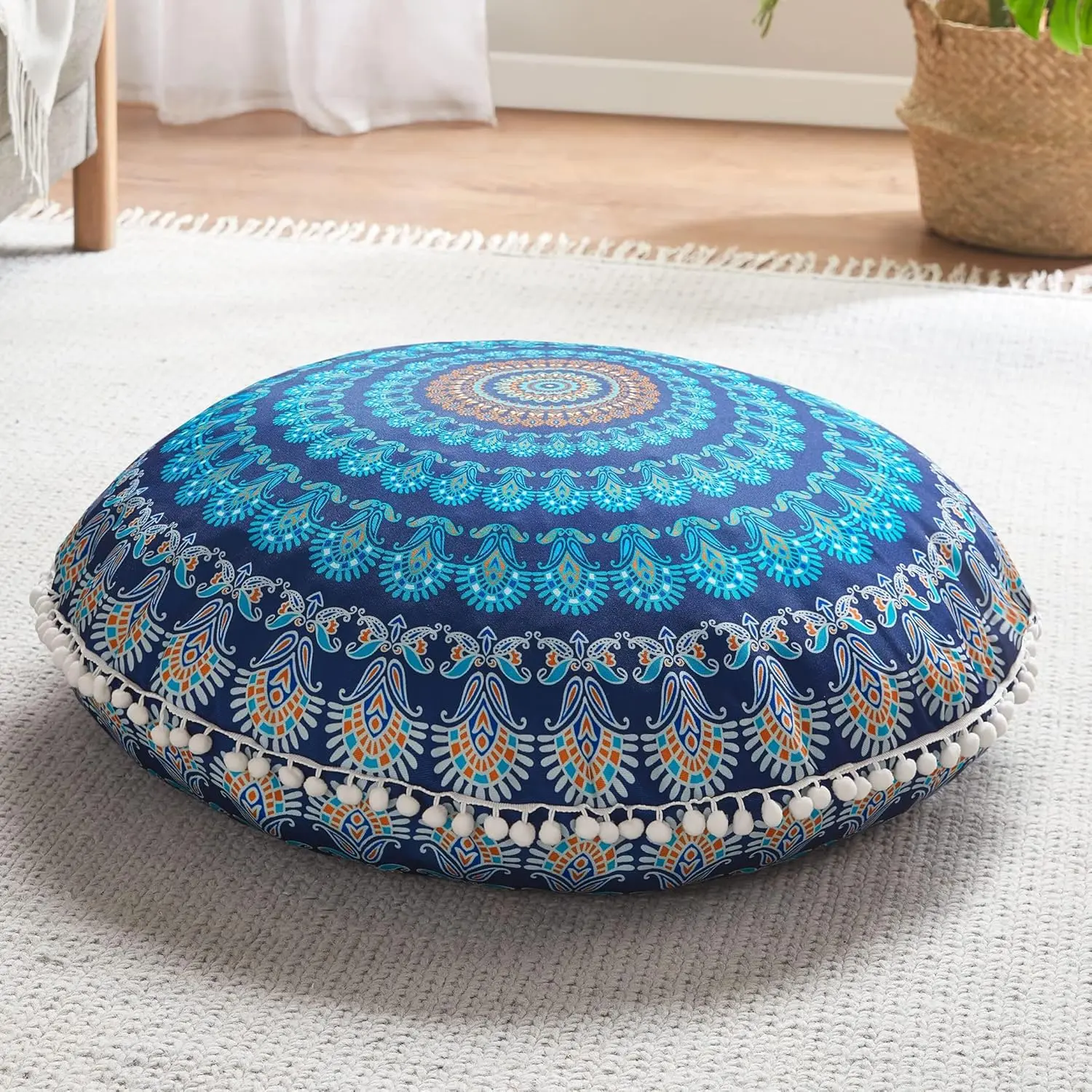 Meditation Floor Pillow, Round Large Pillows Seating for Adults, Bohemian Mandala Circle Cushion for Outdoor Fireplace Yoga Living Room, 32 Inch, Memory  Added, Navy