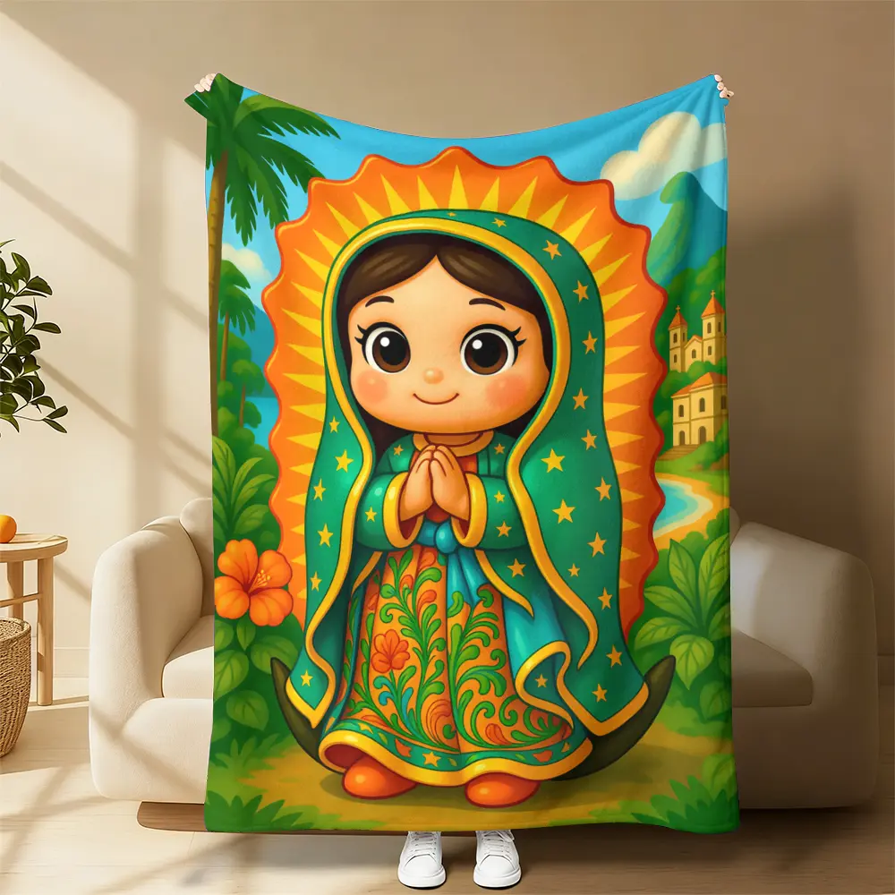 Cute Cartoon Virgen De Guadalupe Tropical Latin Mountain Palm Tree Print Flannel Throw Blanket Ultra Soft Warm Lightweight All Season Cozy Cover Blanket Hispanic Catholic Virgin Mary Art Merch Gift For Latin WomenBelievers Bedroom Sofa CampingHome, Fans,,