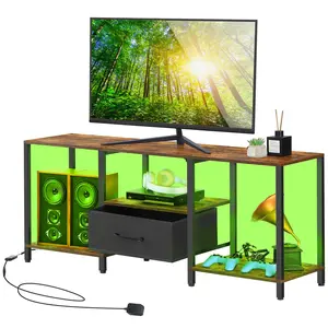 45" TV Stand with Manual LED Lights & Fabric Drawer, 3-Tier TV Stand with Storage Cabinet up to 50 inch TV, Media Console Table with Power Outlets, Entertainment Center for Living Room Bedroom