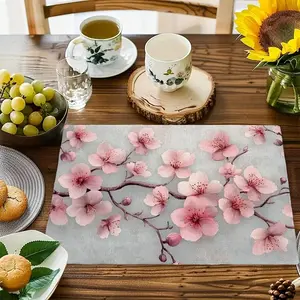 4-piece/6-piece vintage pink cherry blossom table mat, 12x18 inch heat-resistant linen placemat, decorative washable table mat, perfect for family wedding banquet dining