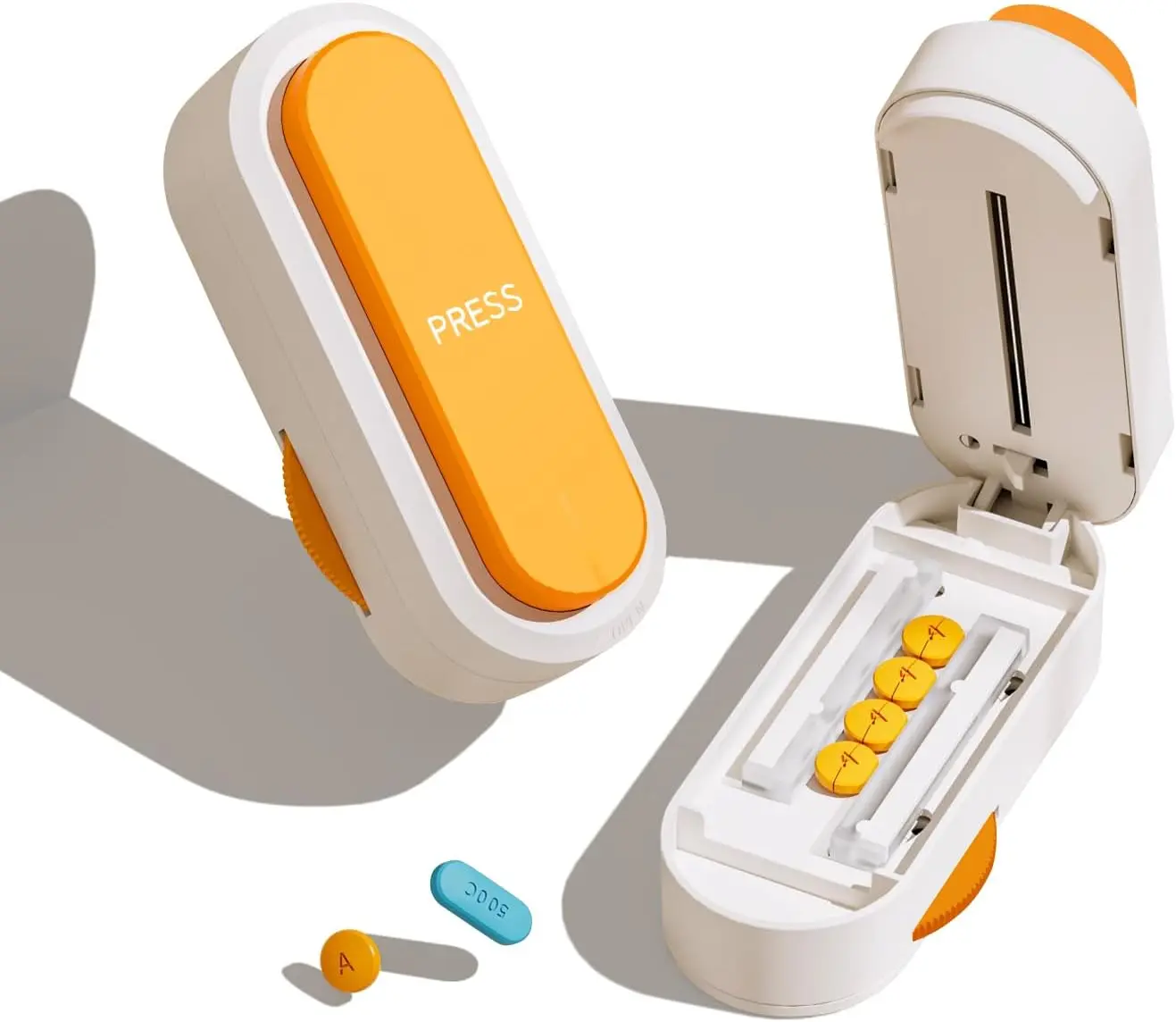Pill Cutter Splitter for Small, Tiny and Large Medications, 1-Button Easy Push for Accurate Multi-Item Cutting, Sharp Blade with Safety Guard, Non-Slip Silicone Edge (Orange)