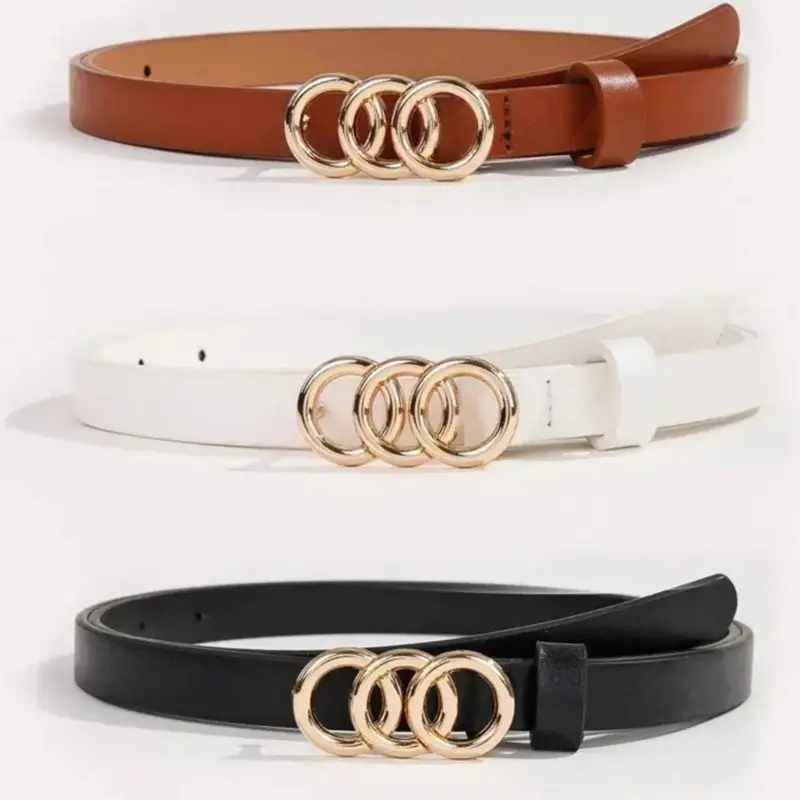 3Pcs/set Golden Triple Ring Modern Buckle Belts Simple Solid Color PU Leather Belt With Buckle Trendy Exquisite Belt Jeans Pants Belt Dress Coat Girdle For Women Fashion Belt
