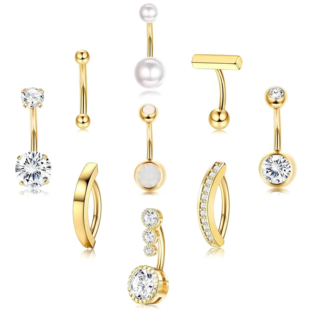 FIASASO 9 Pcs Belly Button Ring - Surgical Stainless Steel CZ Belly Rings Clicker Belly Piercings for Women Navel Piercing Jewelry Pack