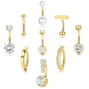 FIASASO 9 Pcs Belly Button Ring - Surgical Stainless Steel CZ Belly Rings Clicker Belly Piercings for Women Navel Piercing Jewelry Pack