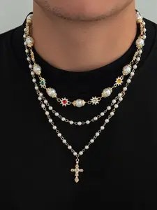 2 Pcs Spring Summer American Vintage Rhinestone Imitation Pearl Cross Necklace, Unique Luxury Layered Collarbone Chain, Necklace Stack, Stacking Necklace