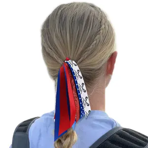 24pcs Collegiate Style USA Cheer Bows for Girls, Long Tail Skinny Cheer Bow Ponytail Holder Handmade Bows for Girls Teens Softball Cheerleader Sports (Red Blue White)