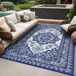 GARVEE Patio Rugs Outdoor 8x10 Waterproof Reversible Plastic Straw Rug, Large UV-Resistant Portable RV Camping Mats, Indoor Outdoor Medallion Carpet for Deck Porch Garden, Dark Blue & White