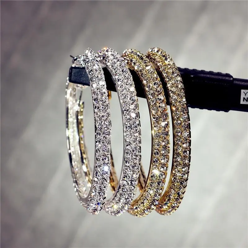 Exaggerated Double Row Hoops for Women, Large Rhinestone Studded Statement Jewelry with a Silvery Finish, Earrings For Women, 5Cm, Alloy, Hoop Shape Earrings, Jewelry For Women