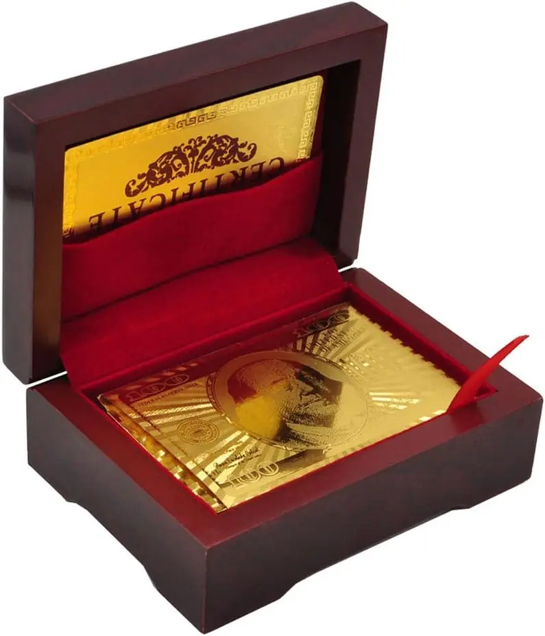 Luxury 24K Gold Foil Poker Playing Cards Deck of Cards with Wooden Gift Box, Premium Waterproof Poker Cards for Party and Card Decks Game, Standard Size