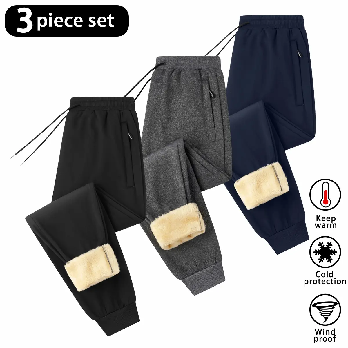 Men's Fleece Lined Jogger Pants 3 Pack, Soft Fluffy Fabric With Elastic Waistband And Side Zip Pockets, Ribbed Ankle Cuffs Loose Fit Fleece Sweatpants Set, For Winter Family Gatherings Casual Sports And Jogging, Men's Warm Cozy Winter Joggers