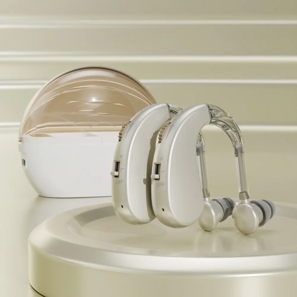 A set of invisible hearing amplifier, suitable for adults with hearing loss, behind-the-ear hearing amplifier with charging box, noise reduction, natural sound and USB charging.