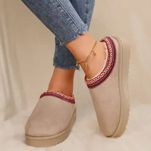Warm Winter Women’s Fleece Slippers with Thick Sole & Anti - Slip Mini Snow Boots Embroidered Trim Cozy Indoor Outdoor Shoes Non Slip Soft