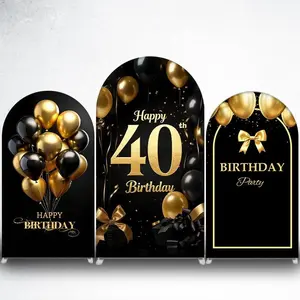 Black Gold Balloons Happy Birthday Arch Backdrop Cover for Glam Birthday Party