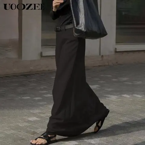 UOOZEE Women's High-Waist Seamless Solid H-Line Maxi Skirt - Lightweight, Flowy Floor-Length, Side Pockets, Snug Waist, Casual Classy Black Skirt Outfit for Office (Spring, Autumn)