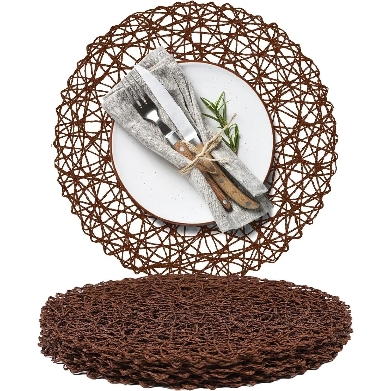 Paper Braided Round Placemats Set of 6 Natural Non-Slip Heat Resistant Table Mats for Dining Tables Woven Indoor & Outdoor Place mats(Coffee)