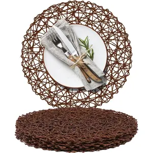 Paper Braided Round Placemats Set of 6 Natural Non-Slip Heat Resistant Table Mats for Dining Tables Woven Indoor & Outdoor Place mats(Coffee)