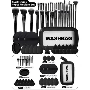 All-In-One Medium Makeup Tools Kit 30 Professional Cosmetic Brushes Assorted Beauty Sponges Finger Flocking & Triangle Powder Puffs Brush Cleaning Bowl With Portable Black Washbag For Daily & Travel Facial Makeup Application