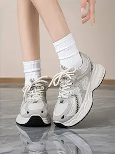 Women's Trendy Thick Sole Silver Color Dad Shoes, Comfortable Lightweight Sports Shoes, Soft Bottom Casual Running Shoes