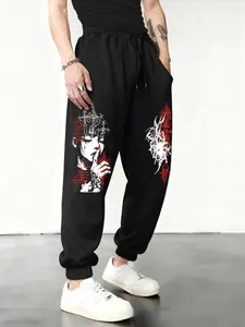 Men's Gothic Anime Portrait Design Casual Sports Loose Straight Leg Pants, Spring New Arrival, Street Style Fashion Geometric Pattern, Fitted