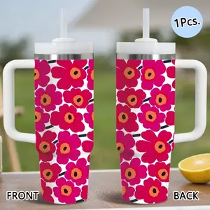 PIKPAKA Fashion Marimekko Flower Vacuum Flasks 40oz Stainless Steel Tumbler with Handle & Straw, Vacuum Insulated Travel Mug Keeps Drinks Cold Up to 12 Hours, Leak-Resistant Cup for Iced Coffee, Water, Office, Gym or Travel