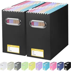 File Organizer Box, Cardboard File Folder Organizer with Handle for Letter Size, Portable Collapsible Hanging Filing Box for Home Office Document Storage (2 Pack, Black)