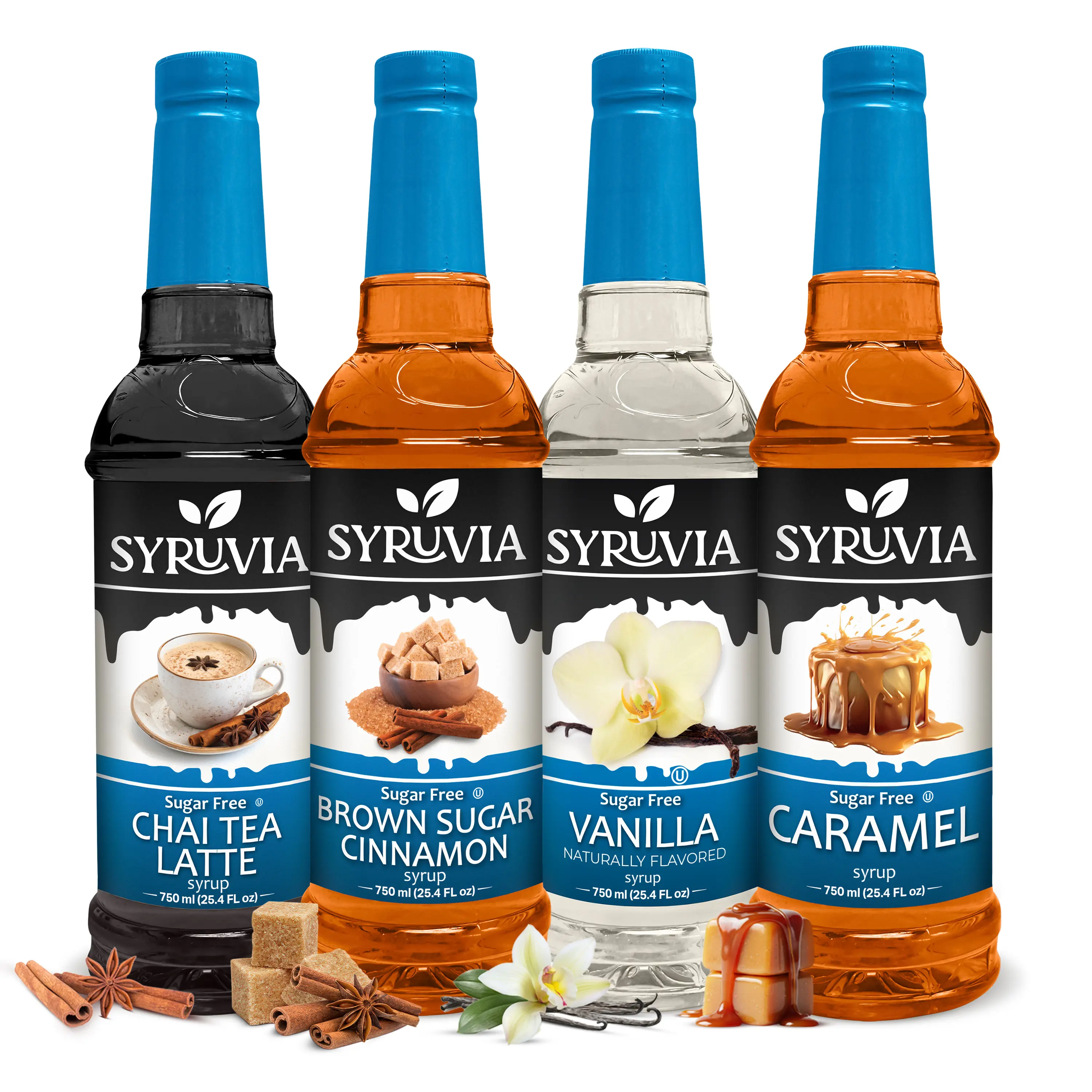 Syruvia Sugar Free Variety Pack – Chai Tea Latte, Brown Sugar Cinnamon, Vanilla & Caramel Syrup – Kosher, Gluten-Free, Kosher, 25.4 fl oz Bottles – Ideal for Coffee, Tea & More (4-Pack), Flavor, Beverage, 4 Flavor Pack, Cafe Chai