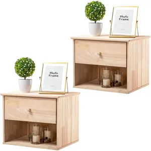 VINGLI Unfinished Natural Solid Wood Floating Nightstand for Bedroom Set of 2, Small Nightstand with Drawer & Open Shelf, Farmhouse Night Stand Wall-Mounted Bedside Table for Small Space Color DIY