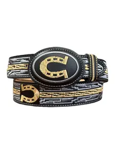 Size 38 Black Western Style Embroidered Leather Belt Cinto Vaquero Negro Bordado de Piel
