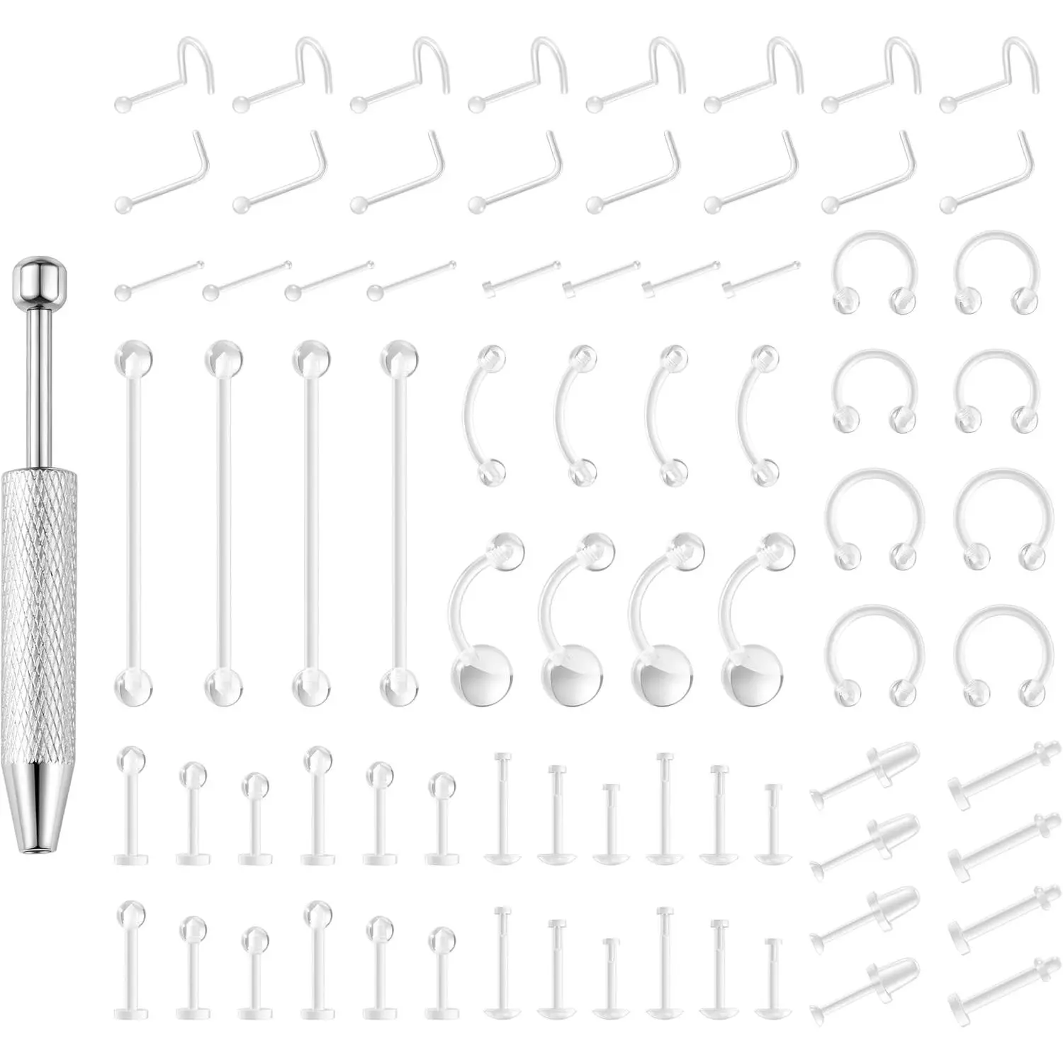 66-76 Pcs Clear Piercing Retainers, Bioflex Body Jewelry for Eyebrow, Lip, Septum, Nose, Nipple, Navel,Tongue, Tragus, Discreet Industrial Piercing Retainer, Piercing Ball Grabber Kit for Work