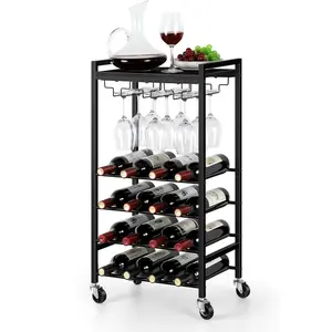 Home Bar Serving Cart, Small Serving Cart with Wheels and Handle, Utility Microwave Drink Cart with Wine Holder and Glass Holders for Dining Room, Living Room, Kitchen, Black
