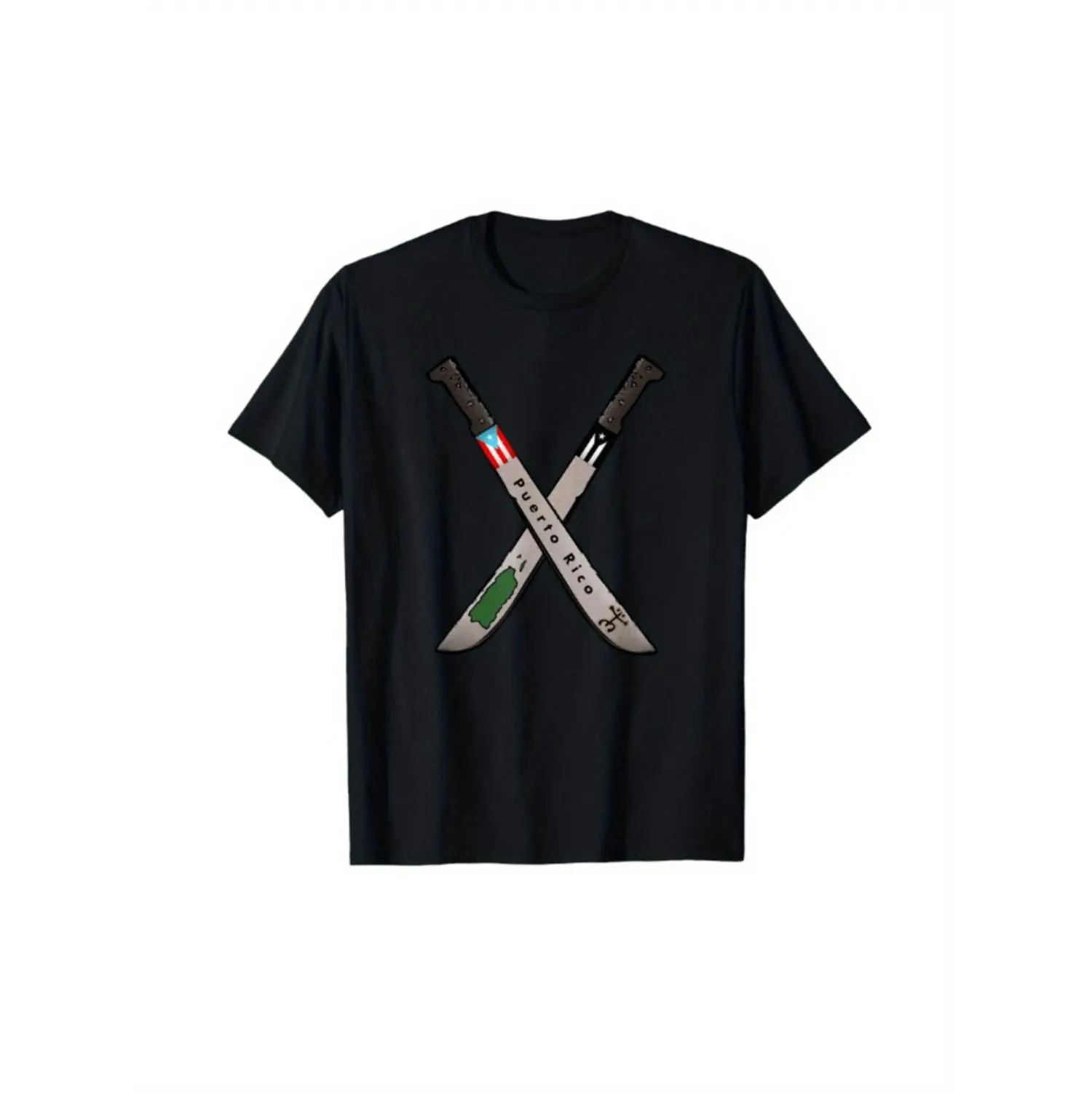 Puerto Rico Pride Machete Flag Map Coqui Taino Symbol All Season 180g Cotton Round Neck  Side Printed Tee