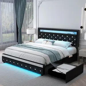 [Summervibes] Sibeds Queen Size Bed Frame with LED Lights, Upholstered Bed Frames Full with mattress, King Size Platform Bed with Adjustable Crystal Button Tufted Headboard, No Box Spring Needed, PU & Velevt