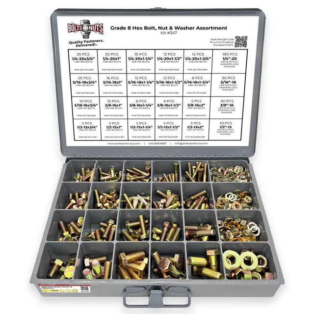 Inch Grade 8 Hex Cap Screws, Hex Nuts, Flat & Lock Washers 1/4", 5/16" 3/8", & 1/2"  - 575 PCS