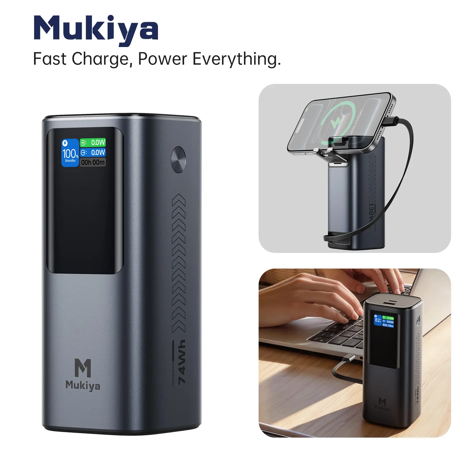 Mukiya 20000mAh Laptop Power Bank with Retractable Cable & Stand | 130W Portable Charger Power Bank, TFT Display Laptop Battery Bank for MacBook/Air/iPhone17/iPad Pro/Dell/HP(TSA-Approved)