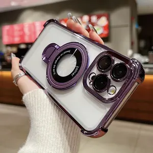 Phone Case - 3pcs [1 Phone Cover with 2 Clear Screen Protectors] Stylish Plated Magnetic Stand Protective Case for Iphone 17 16 15 14 13 12 11 Pro Max with Holder Stand Shock-Resistant Protection Cover