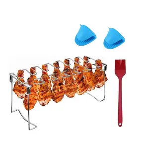 Metal Chicken Leg Rack Set with Silicone Brush, Heat Resistant Gloves, Non-Stick Grill Grates, Dishwasher Safe BBQ Accessories