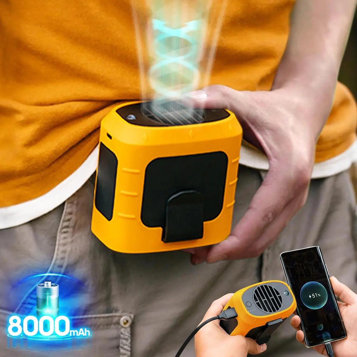 USB Rechargeable Portable Fan, 8000mAh Waist Hanging Cooling Fan with 3-speed Wind & Flashlight & Power Bank Function, Outdoor Mini Fan for Camping Hi