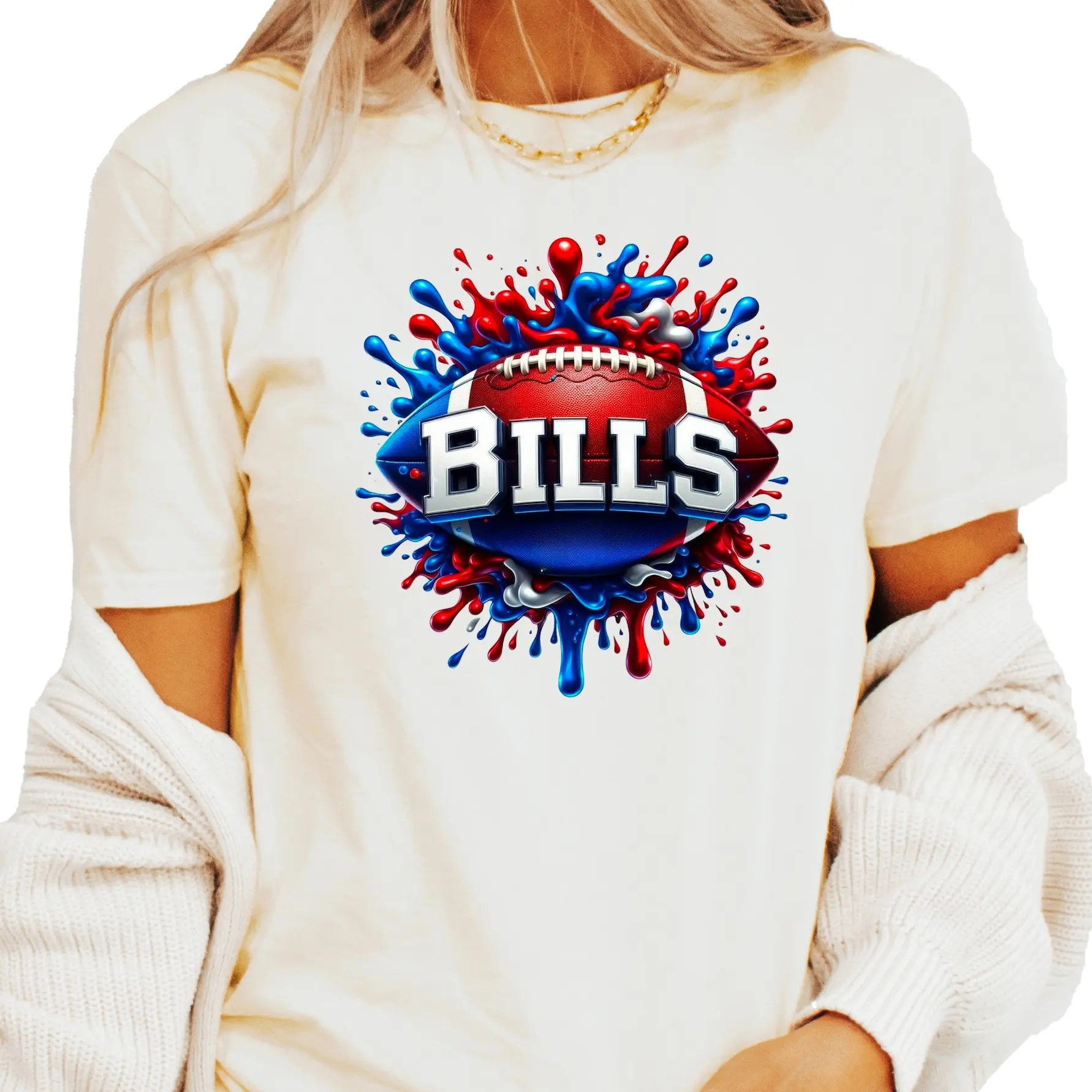 Bills Football Shirt for Men and Women - Red and Blue Team Colors Paint Splatter T-Shirt - Unisex Football Fan Tee Casual Crewneck