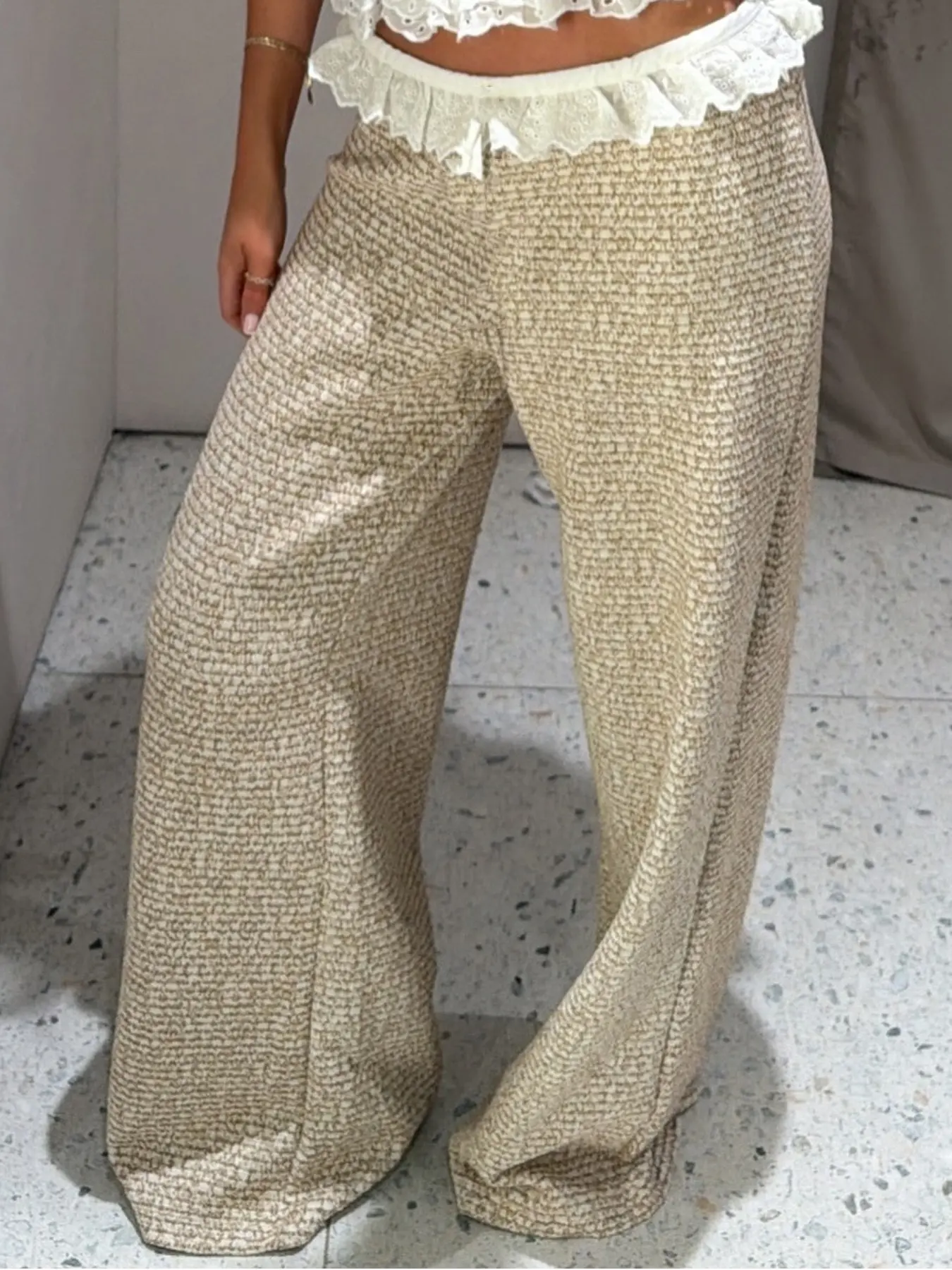 Tweed Lace Wide Leg Pants Women's Pants Womenswear Spring Summer 2026 Casual Elegant High-Waist Baggy Straight Leg Pants For Woman Fashion Office Wear Women Trousers